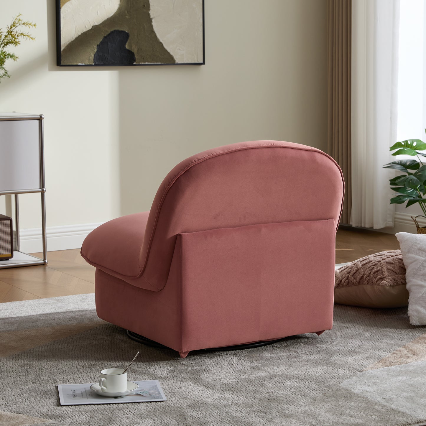 Swivel Accent Chair, 360 Degree Metal Base With Velvet Fabric Upholstery, Comfy Pumpkin Shaped Swivel Chair For Living Room, Bedroom, Or Office