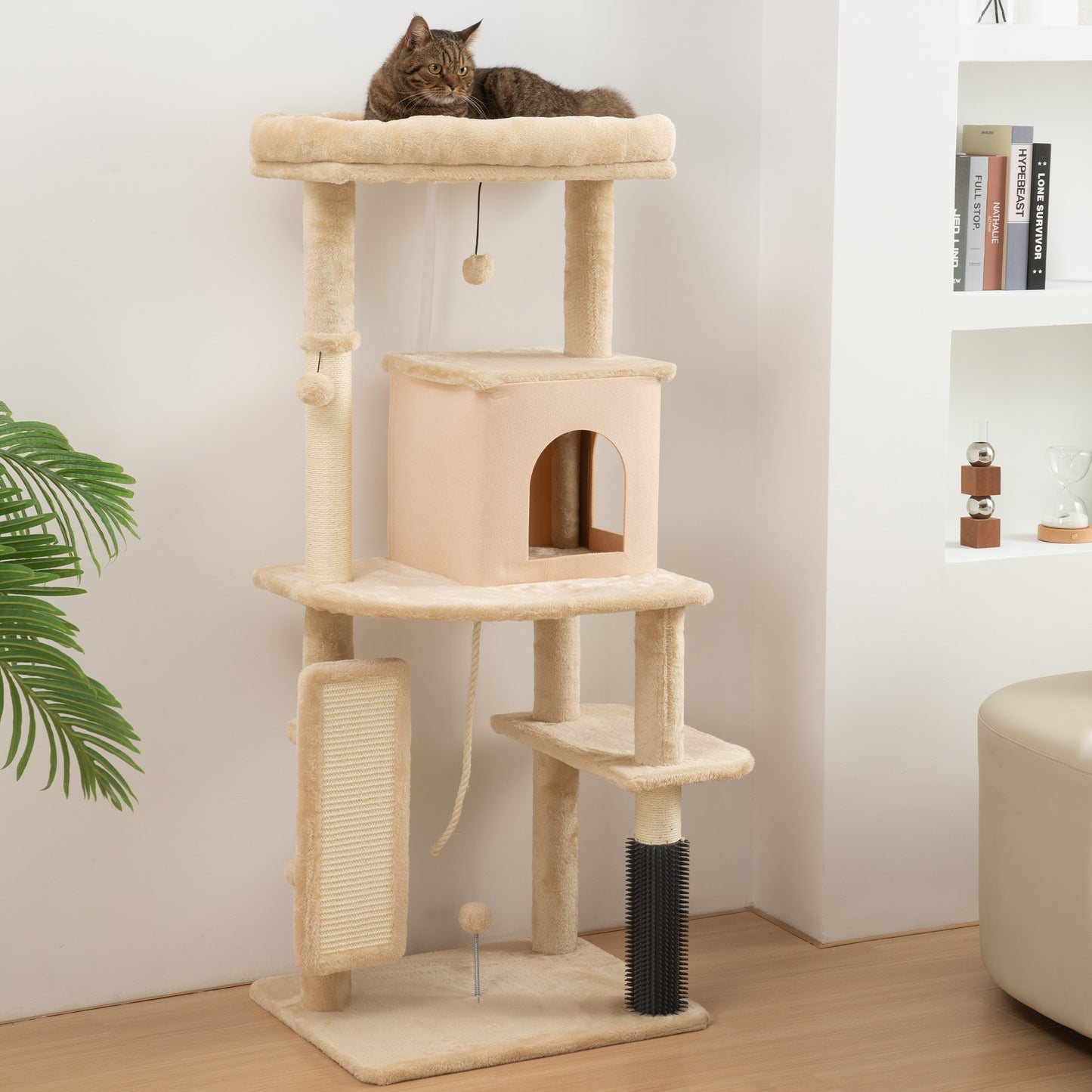 PawHut 132cm Cat Tree W Scratching Posts, Pad, Cat Bed, Cat House, Jumping Platform, Grooming Brush, Anti-Tip Kit, Beige