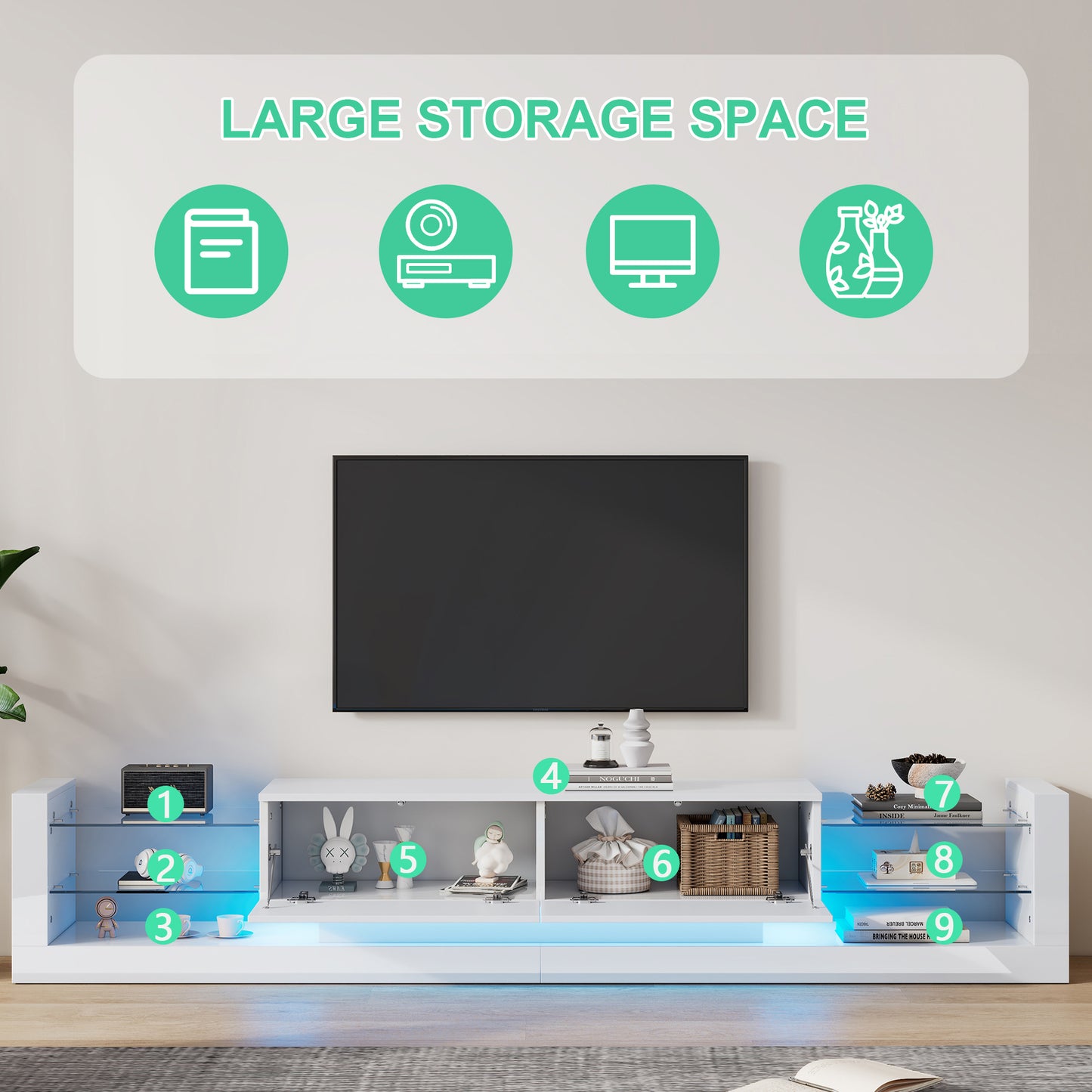 High-gloss TV Cabinet With LED Lighting, 181 Cm For TVs Up To 80 Inches, Glass Front, Two Fold-down Drawers