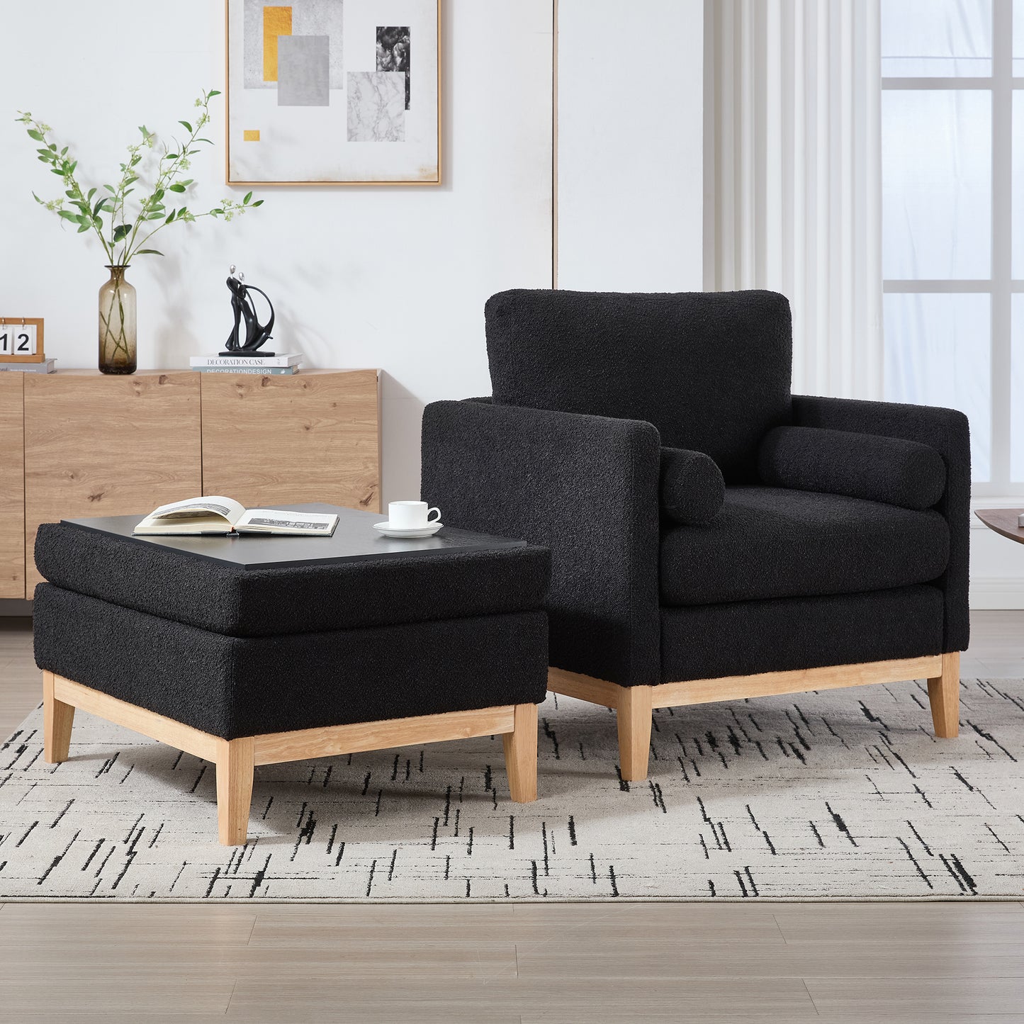 35.4  Wide Farmhouse Performance Upholstered Wood Base Square Accent Arm Chair With Ottoman Natural Wood Legs With Reversible Lid Coffee Table For Living Room Office And Lounge,Black Boucle