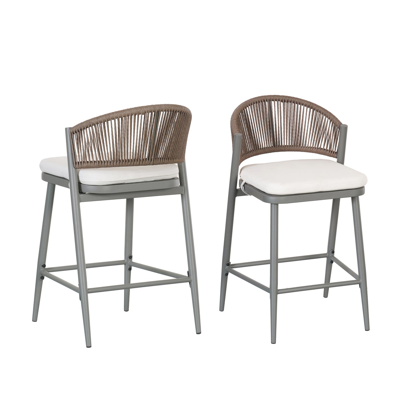 Outdoor 26 Seat Height Metal Frame Counter Stools With PE Rattan Scallop-shaped Backrest, Set Of 2, Matte Grey