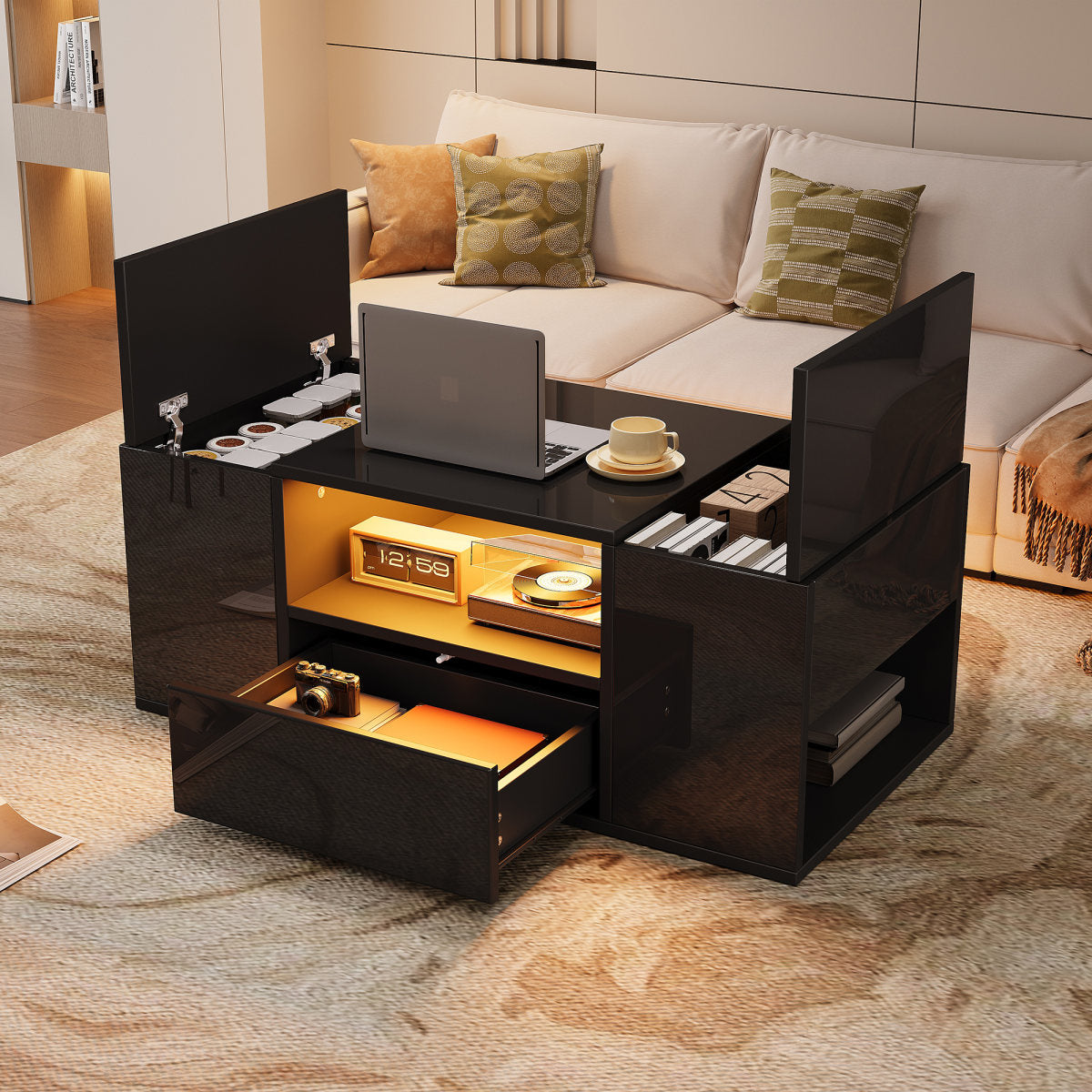 Coffee Table  100 X 50 X 40 Cm , Side Table With One Drawer, A Coffee Table With Two Cabinets, A High-gloss Living Room Table With LED Light Strips, Coffee Table With 6 Storage Compartments, Black