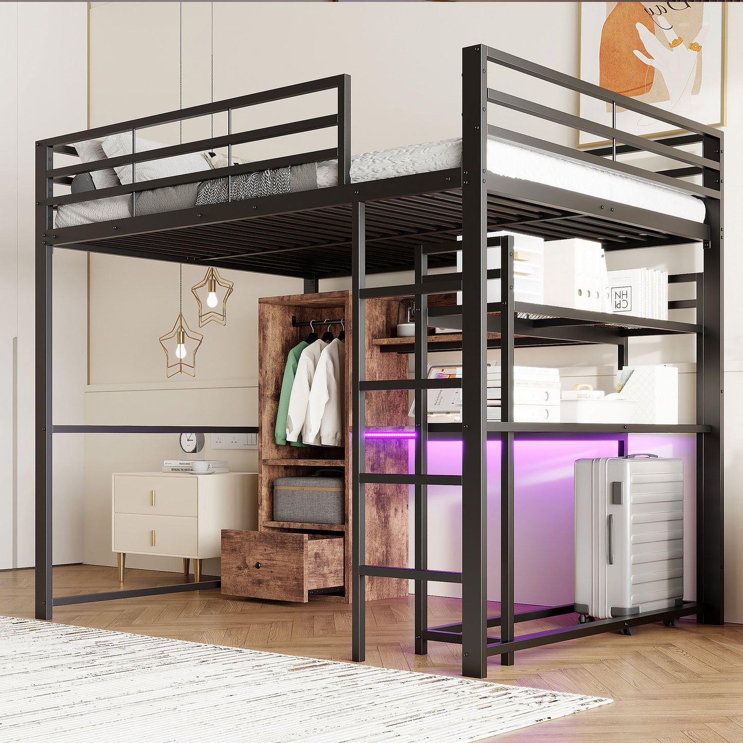 Loft Bed, 140x200cm , Metal Bed, With LED Lights, Desk, 1 Drawers, Shelves, Railings, Stairs, Without Mattress, Black