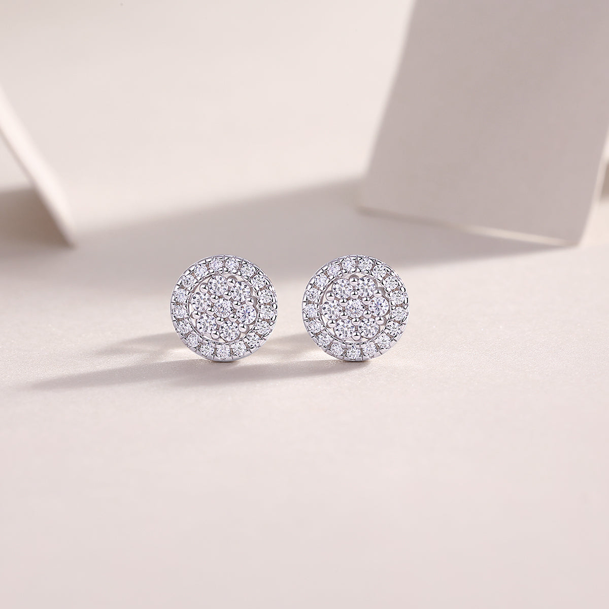 S925 Sterling Silver Round Halo Stud Earrings, D-VVS1 Moissanite Pave Cluster, Platinum Plated 1.4g Women's Jewelry Gift Box