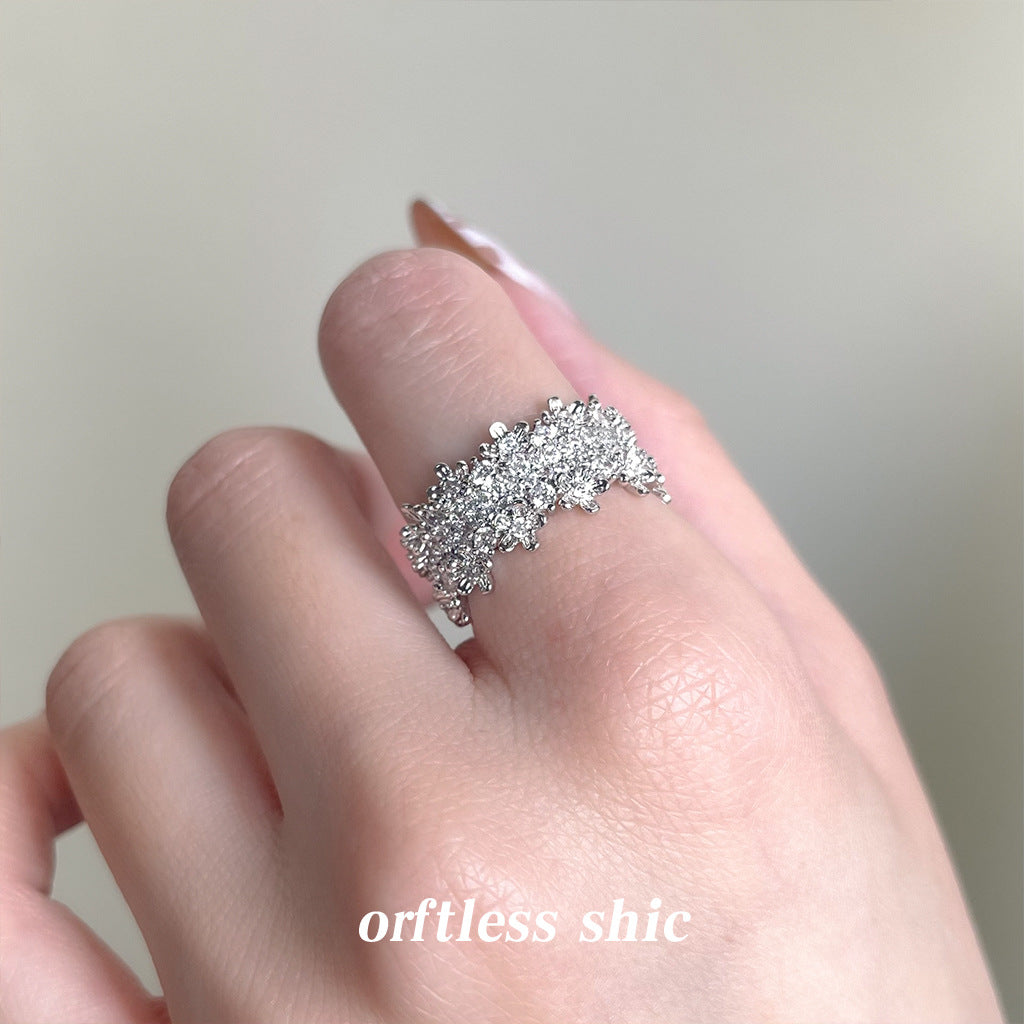 Flower Ring, Inlaid Zircon, Real White Gold Plated, Color Retention, Adjustable Open Band, Fashion Premium Finger Ring For Index Finger