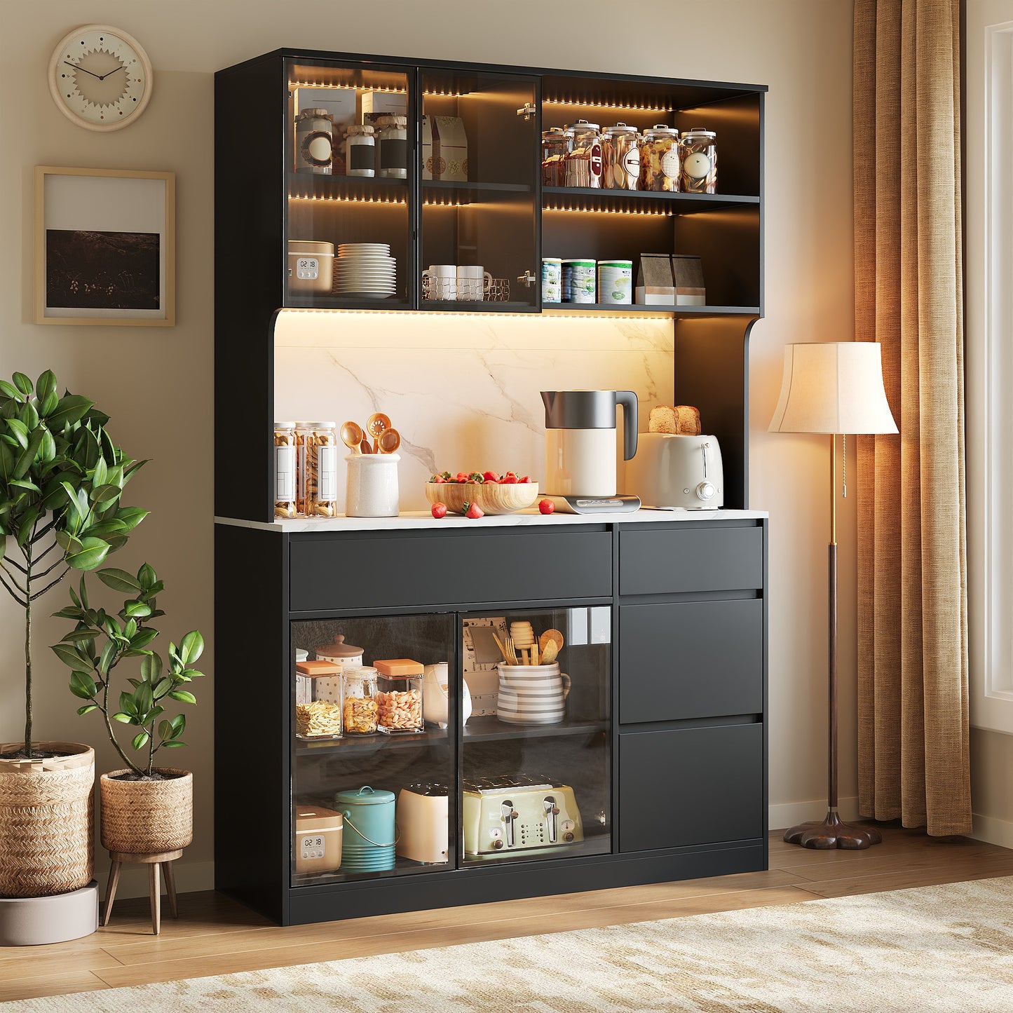 Tall Cabinet, Display Cabinet, Sideboard, Dining Room Cabinet, Living Room Cabinet, Black And White Look, Marble-look Middle Section, MDF Body, Glass Elements, Integrated LED Lights, Versatile Storage