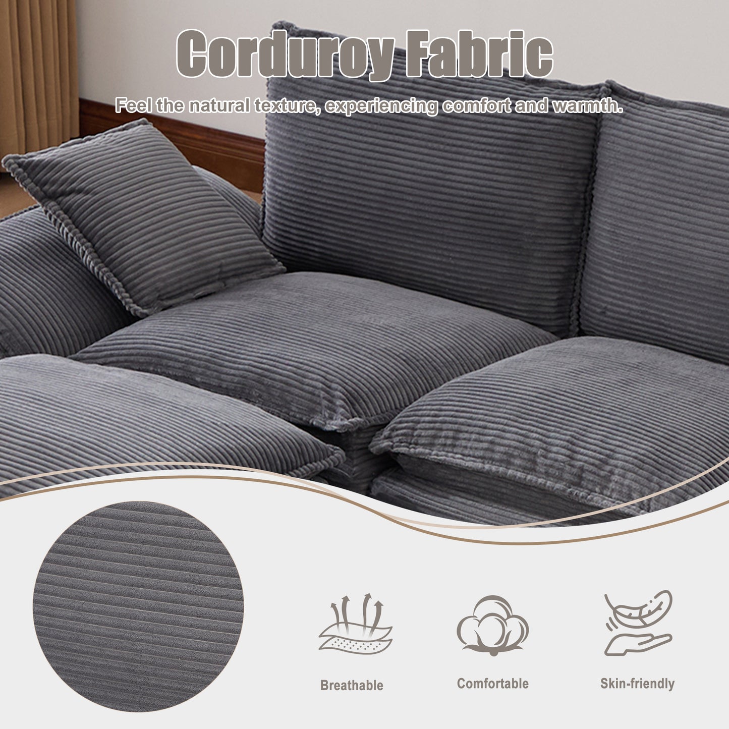 Sectional Cloud Modular Sofa,Deep Seat Sofa, Corduroy Sofa,Comfy Upholstered Furniture For Living Room, Apartment, Studio, Office,Having Multiple Combinations