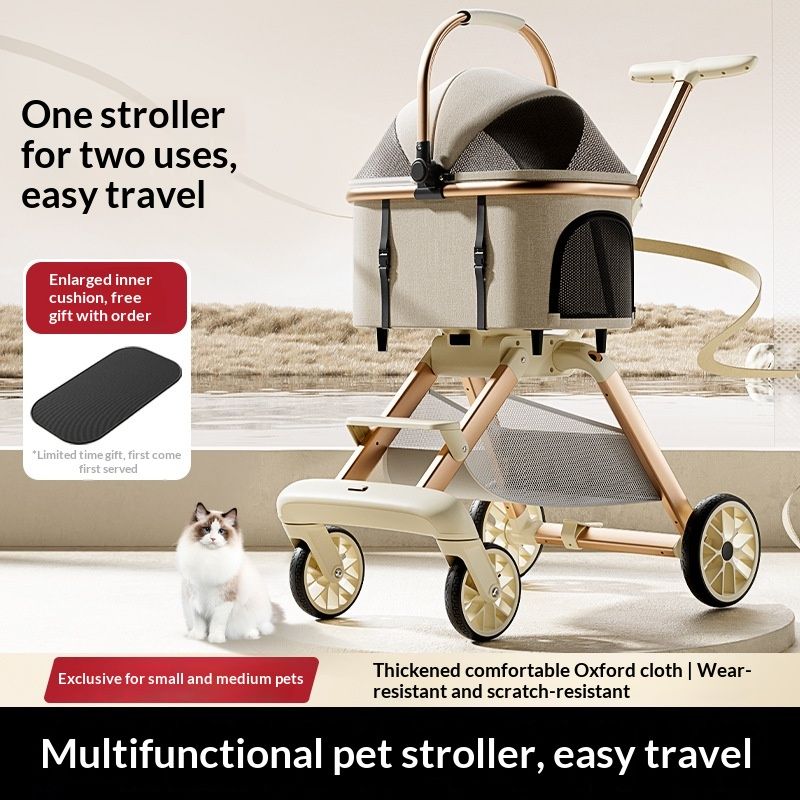 Luxury Cat Stroller With Detachable Pet Carrier, Foldable, Sturdy Alloy Frame
