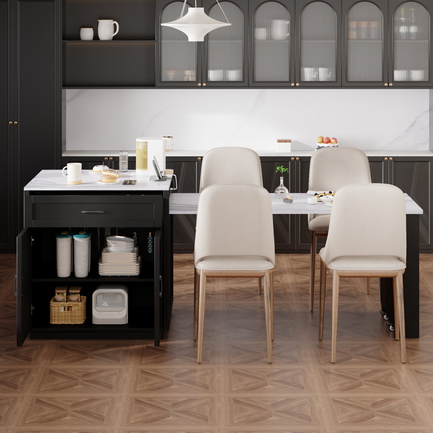 K&K 82.7 Inch Kitchen Island With Extendable Dining Table For 4 6 Person,Faux Mable Kitchen Table With Double Sized Storage,Power Outlet,Kitchen Island With Storage 2 Drawers 2 Side Open Shelves,Black