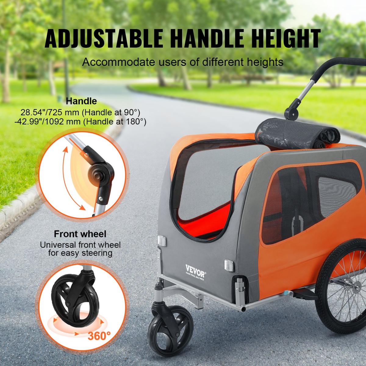 Dog Bike Trailer, Supports Up To 66 Lbs, 2-in-1 Pet Stroller Cart Bicycle Carrier, Easy Folding Cart Frame With Quick Release Wheels, Universal Bicycle Coupler, Reflectors, Flag, Orange/Gray