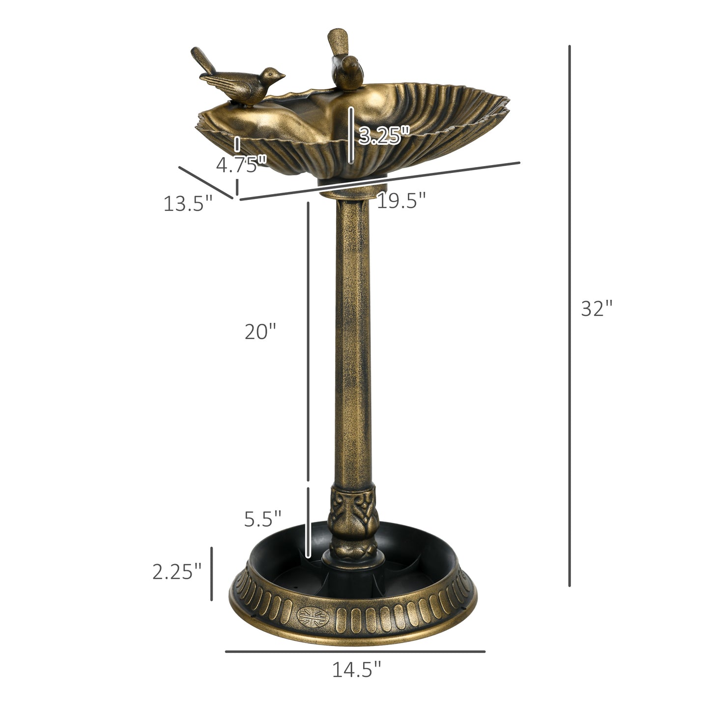 32" Antique Bird Bath Decorative Birdbath Bird Feeder Bowl With Planter Pedestal And Bird Statues, Bronze