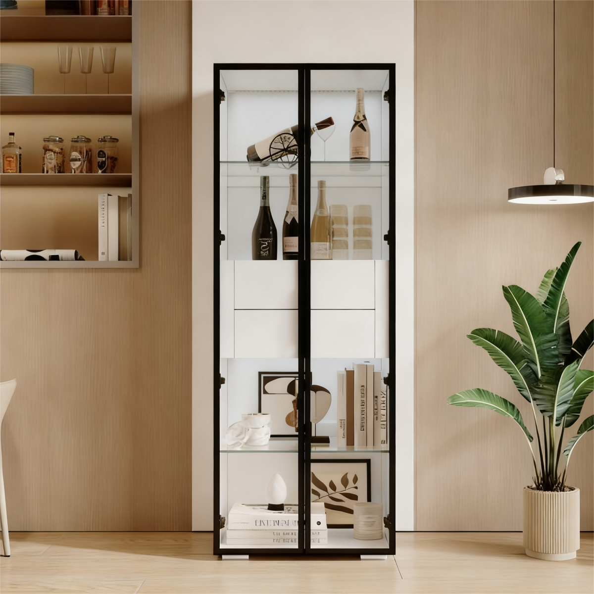 60x40x160cm Wardrobe,Tempered Glass Showcase Wardrobe Door,Showcase Storage Cabinet With LED,2Glass Floor,2Drawers,Highboard,Living Room Wardrobe,Storage Cabinet,Wardrobe,Sofa Cabinet,White