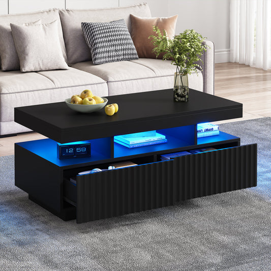 100 X 50 X 45 Cm Large Coffee Table With Two Drawers,Vertical Striped, Vacuum Molded Tea Table, Living Room Table,Coffee Table With LED Light Bar,Black