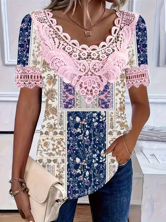 Women's Elegant Floral Print Contrast Lace Trim Round Neck T-Shirt - Lightweight Breathable Short Sleeve Casual Top For Spring Summer Fall, Machine Washable, Floral Print Blouse, Seasonal Fashion,