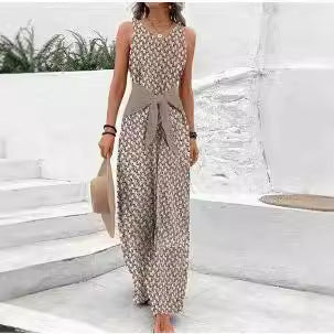 Womens Best-selling Waist-cinching Adjustable-lace-up Printed Jumpsuit