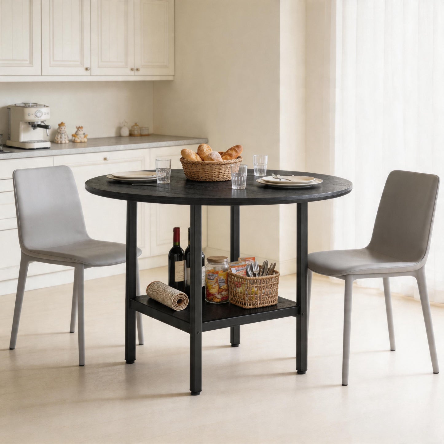 Modern Round Dining Table With Storage Shelf, Black Wood Grain And Black Metal Frame, Suitable For 4-6 People Dining Set, Ideal For Kitchen, Dining Room And Small Rooms