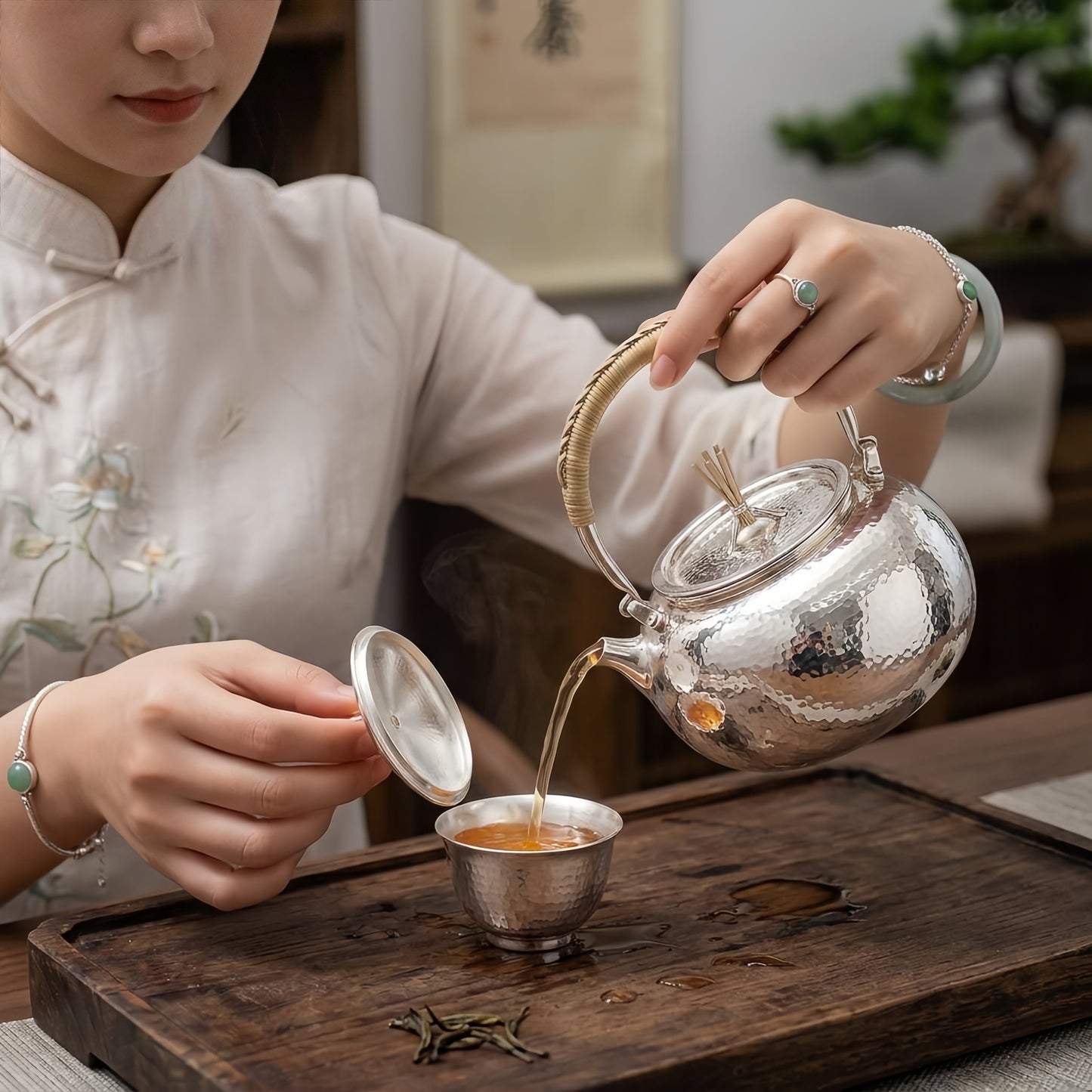 925 Sterling Silver Artisan Crafted Hammered Silver Tea Kettle with Traditional Woven Rattan Handle - Handicraft