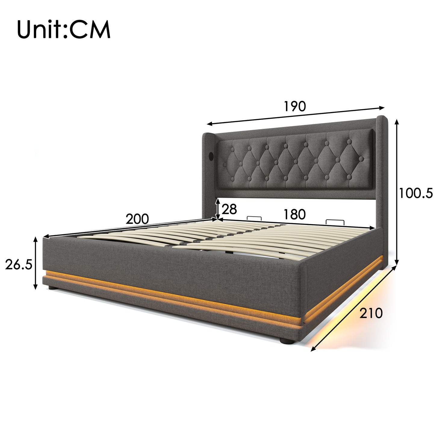 Upholstered Bed Double Bed 180x200 Cm, Grey Cotton Material Hydraulic Storage Bed, Upholstered Headboard With USB Type-C Charging Function, 3-Sided LED Function  Without Mattress