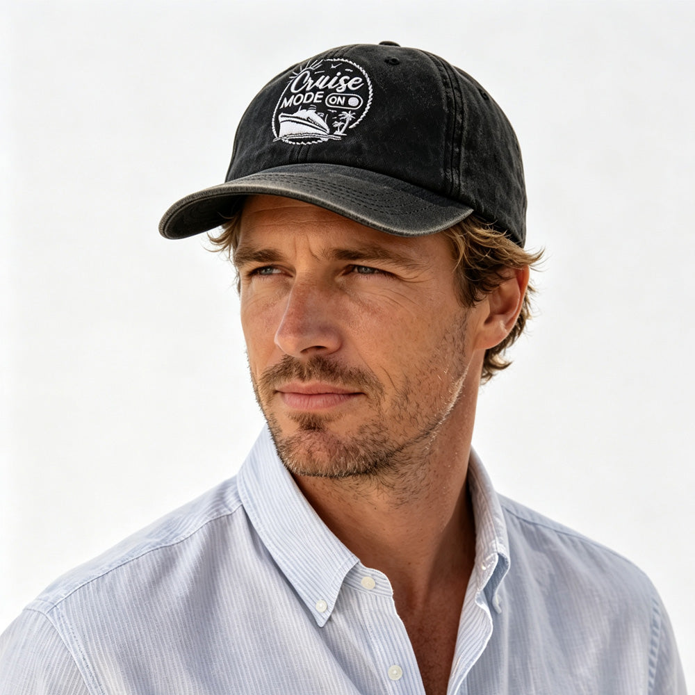 2pcs Cruise Mode On Embroidered Baseball Cap, Vintage Washed Distressed Hat For Men Women, Summer Beach Vacation Cruise Trip Gift