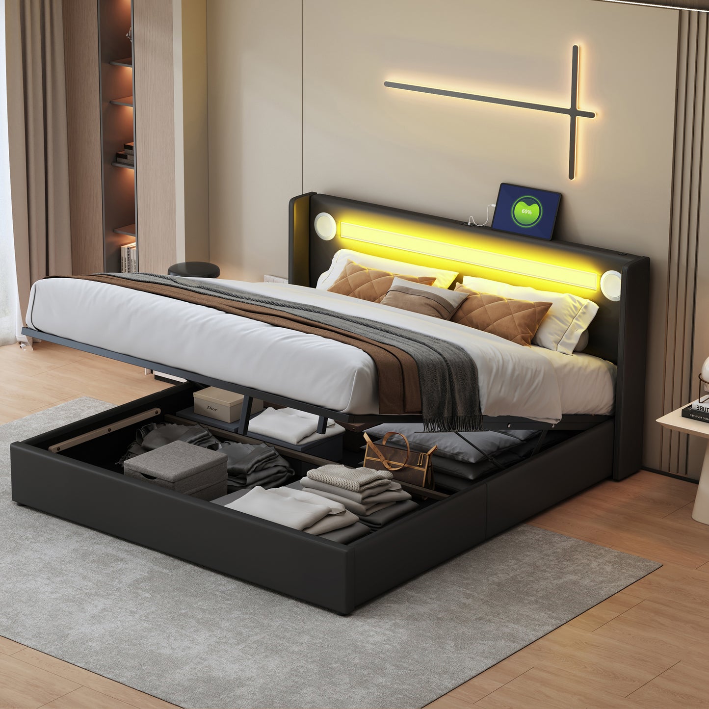 Upholstered Bed 160x200 Bed With LED Light Strip, Bluetooth Player And USB Charging, Storage Bed Made Of PU Leather, Loft Bed Box, Double Bed With Slatted Frame Black