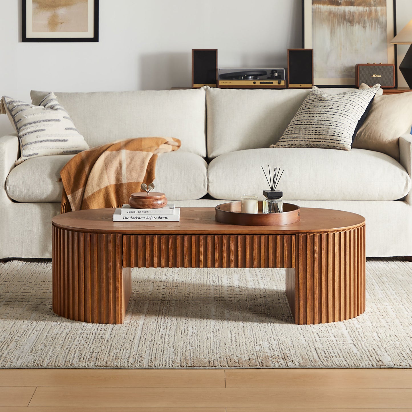 51.18   Oval Wood Coffee Table With Drawer  Mid Century Modern Coffee Table Unique Coffee Table For Living Room Furniture, Tea Table Brown