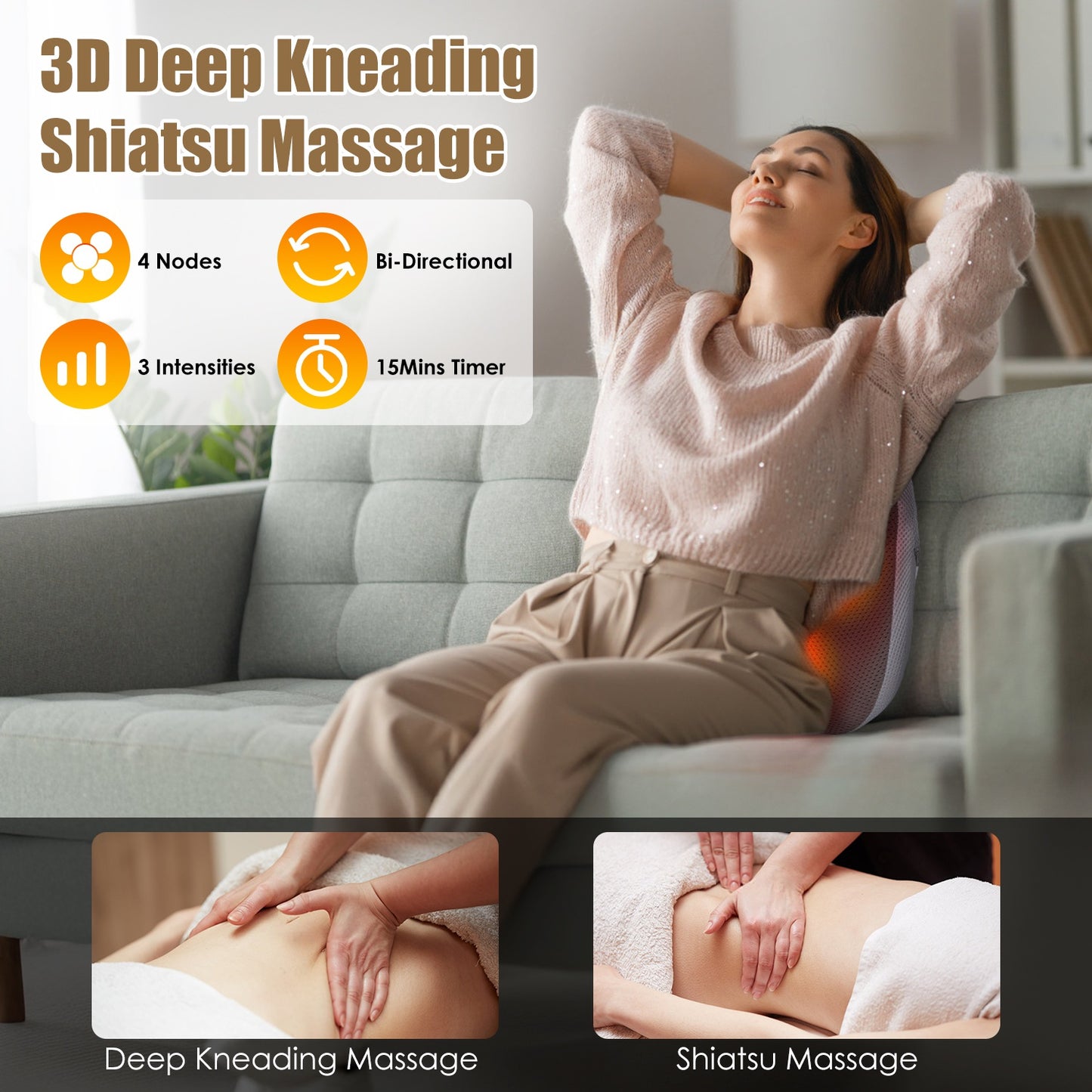 1Pc Shiatsu Back And Waist Massager With Heat Cordless Rechargeable Kneading Lower Back Massage Pillow Portable Lumbar Massager For Home Car Office