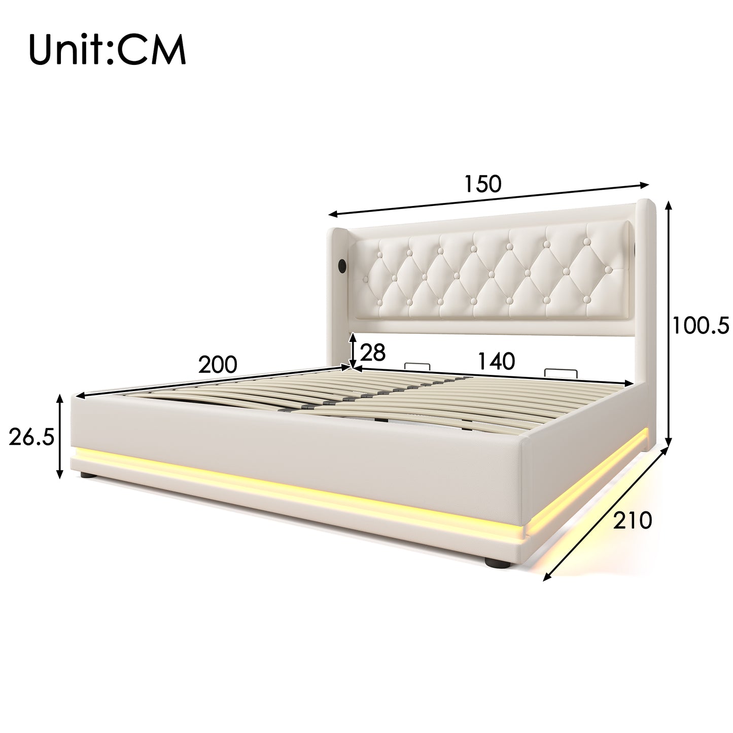 Upholstered Bed Double Bed 140x200 Cm,White PU Material Hydraulic Storage Bed, Upholstered Headboard With USB Type-C Charging Function, 3-Sided LED Function Without Mattress
