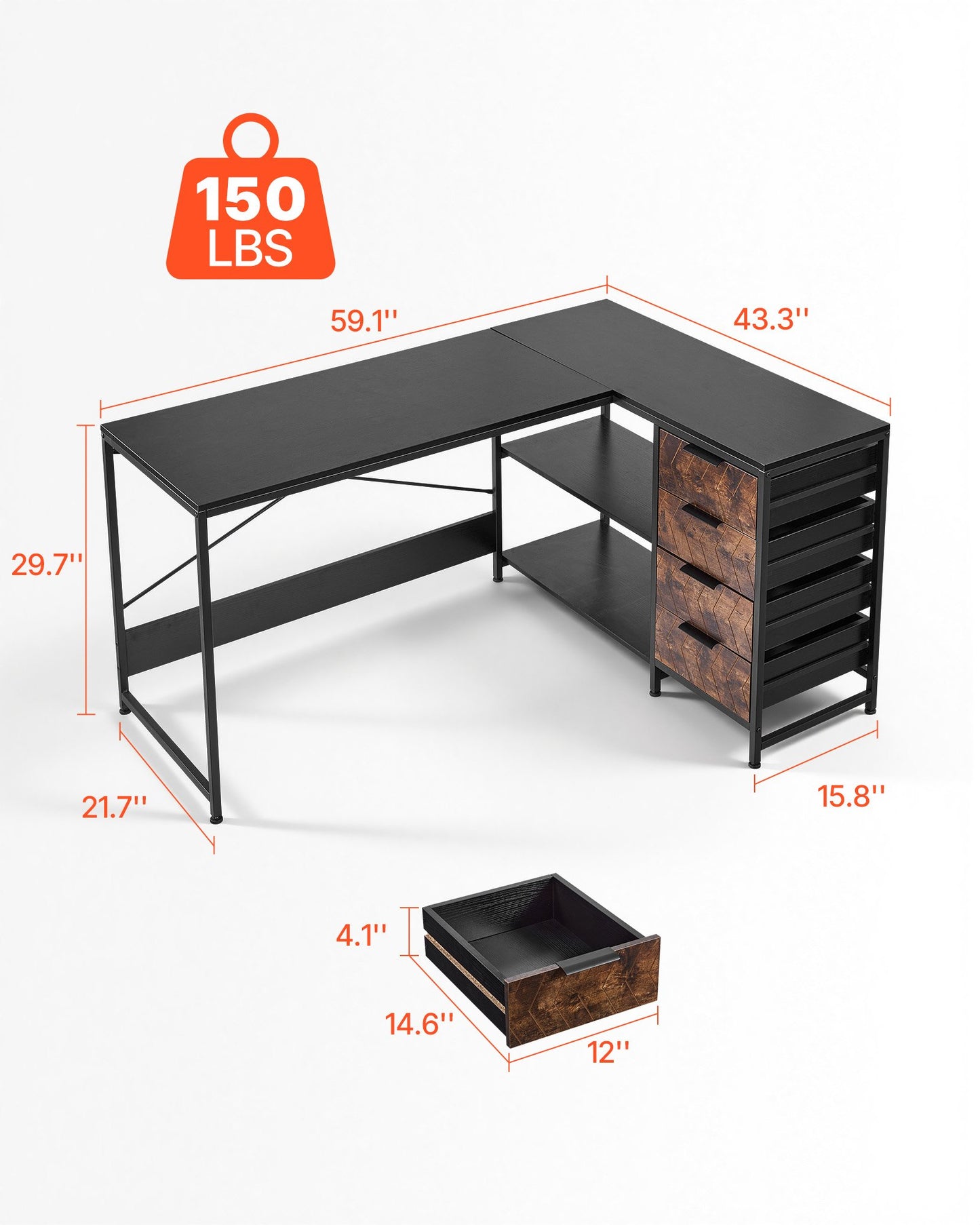 L-Shaped Computer Desk, 59-inch Reversible Corner Gaming Desk With Drawers & Storage Shelves, Modern Stylish PC Table Sturdy Work Workstation For Home Office - Easy To Assembly