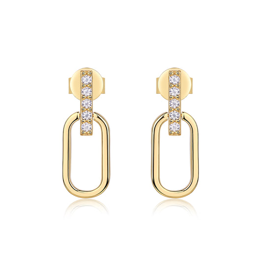 S925 Sterling Silver Gold Plated Geometric Link Earrings, D-VVS1 Moissanite Pave Bar, 2.1g Women's Jewelry Gift Box