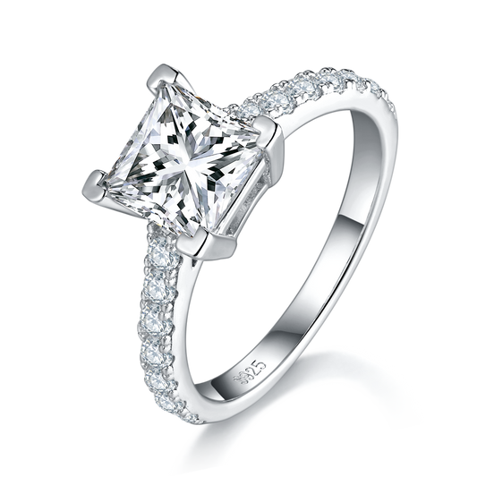 S925 Sterling Silver 2ct Princess Cut Moissanite Ring, 7x7mm D-VVS1 Pave Band, Platinum Plated US Sizes 5-9, GRA Certificate Jewelry Gift Box