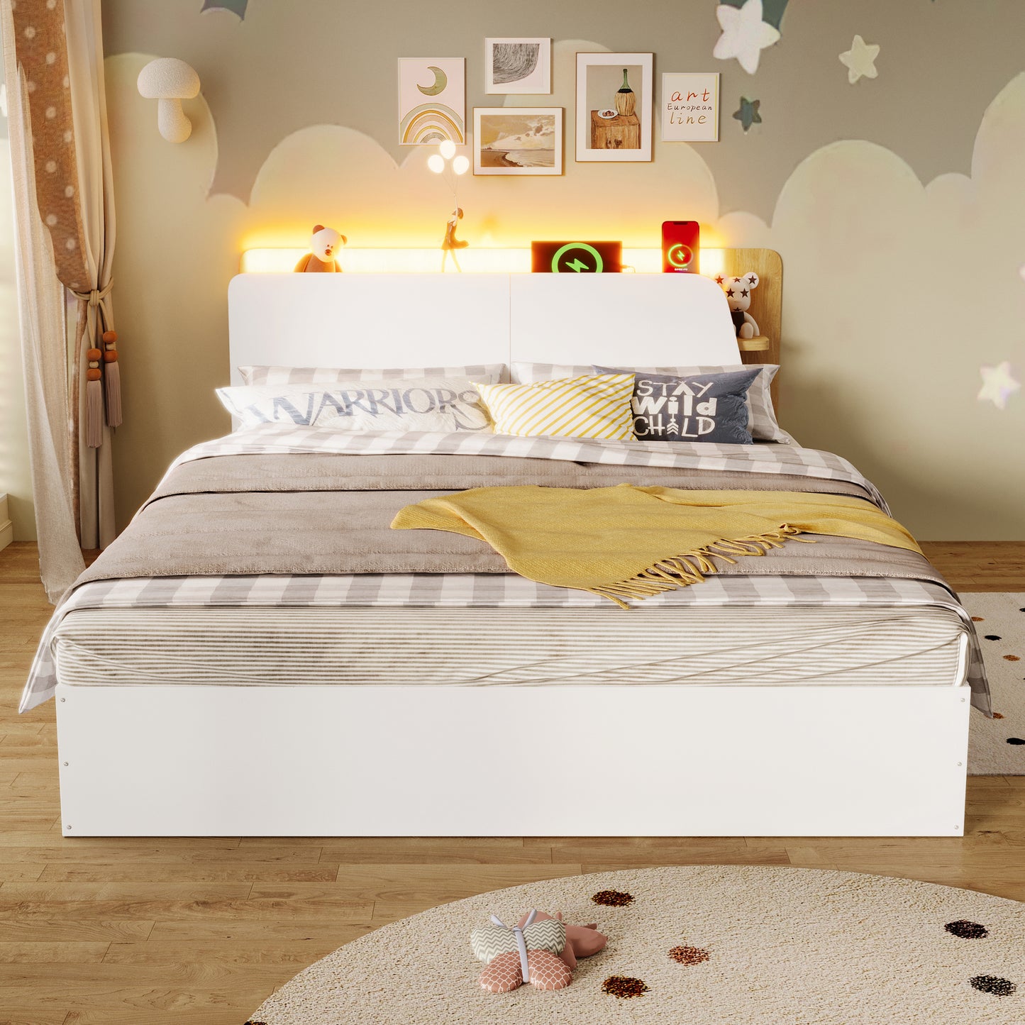 Panel Bed, 140x200cm, Hydraulic, With USB Type-C Charging, LED Lighting, Push-button App, Without Mattress, Multifunctional Storage, White  Natural