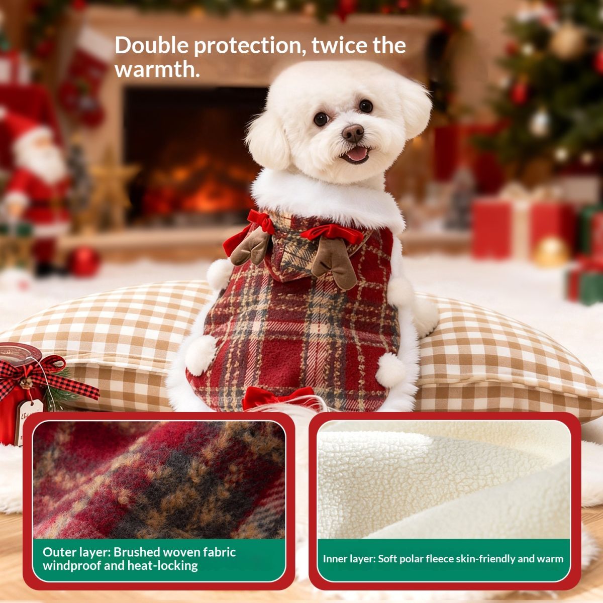 Plaid Christmas Pet Cloak With Fleece Lining