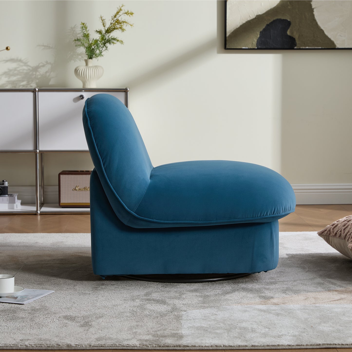 Swivel Accent Chair, 360 Degree Metal Base With Velvet Fabric Upholstery, Comfy Pumpkin Shaped Swivel Chair For Living Room, Bedroom, Or Office