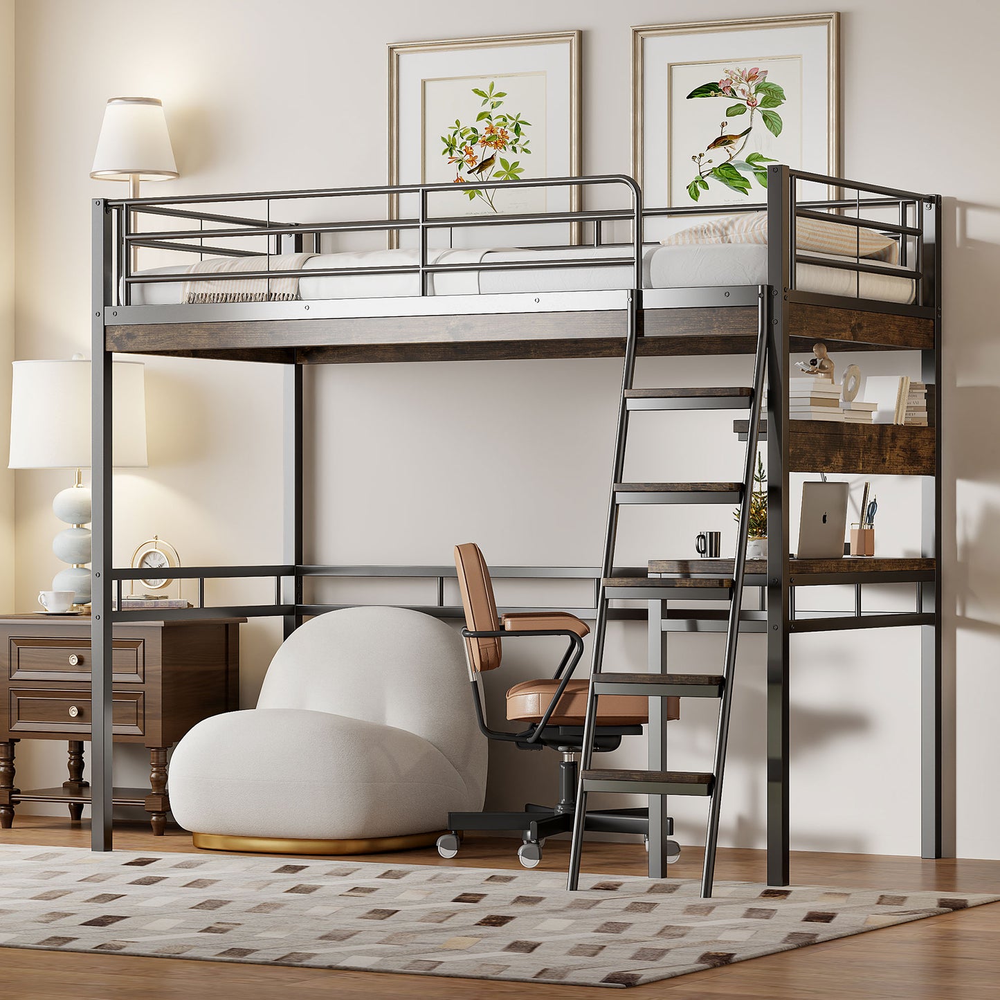 Loft Bed, 90X200cm , Without Mattress, Bed With Desk, Shelves, Railings, Ladder, Iron Frame, Black