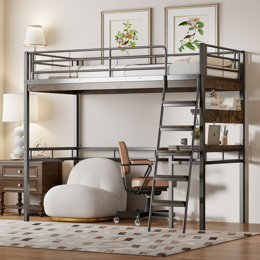 Loft Bed, 90X200cm , Without Mattress, Bed With Desk, Shelves, Railings, Ladder, Iron Frame, Black