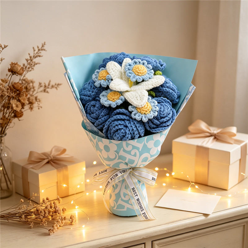 Handmade Crochet Blue Rose Bouquet, Everlasting Yarn Flowers Decorated With Daisies And White Lilies, Floral Gift Wrapped In Light Blue Paper
