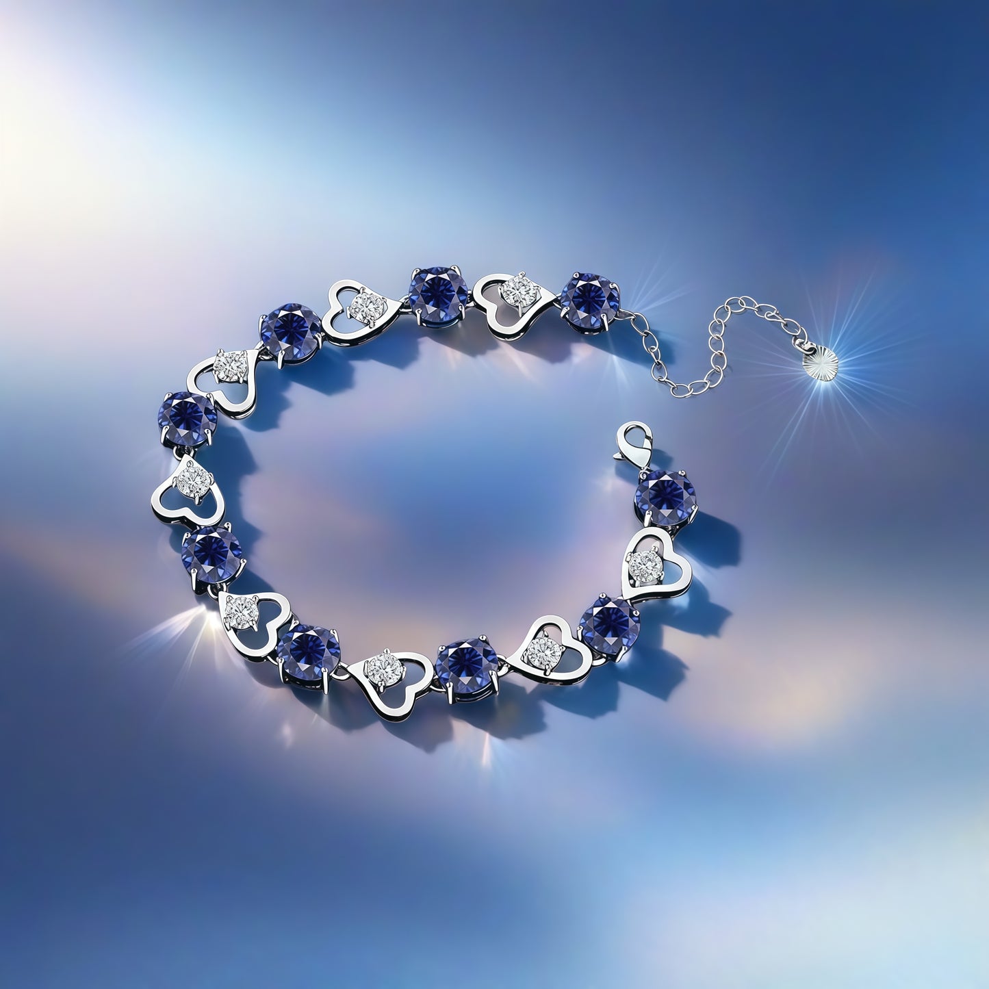 Heart Link Round Blue CZ Tennis Bracelet For Women, Copper Plated Silver With Adjustable Extension Chain Sapphire Color Cubic Zirconia Romantic Wedding Jewelry Gift
