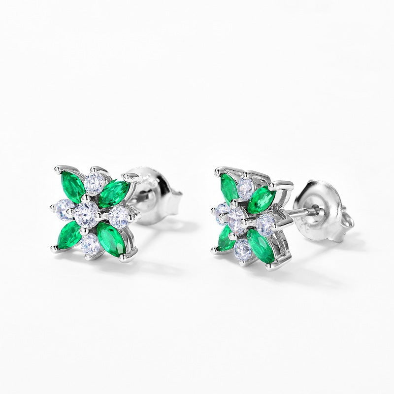 S925 Sterling Silver Lab-Grown Emerald Flower Stud Earrings, 4x2mm Marquise Cluster, Platinum Plated 1.4g, Women's Jewelry Gift Box