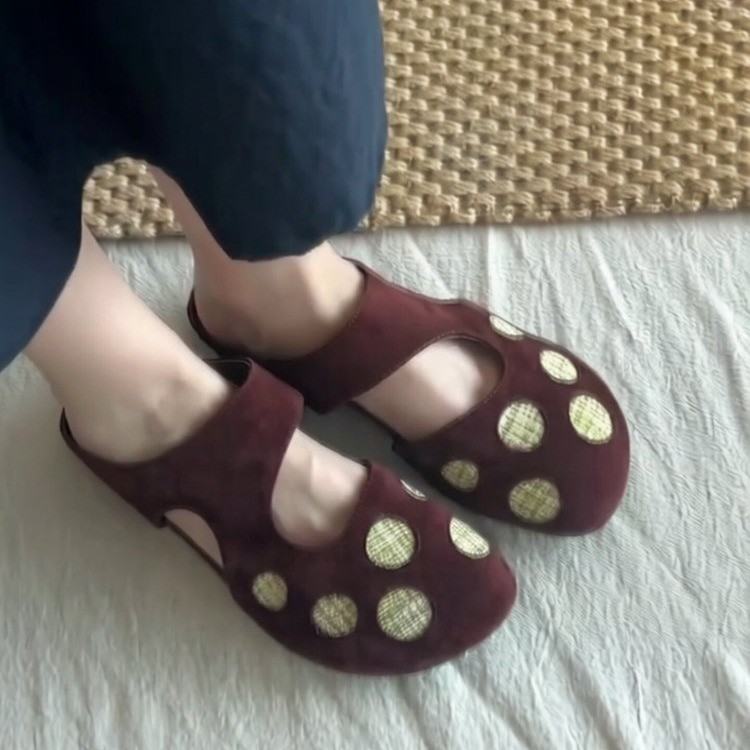 Cute Retro Polka Dot Hollow Closed Toe Mules For Women, Slip-on Lazy Flat Casual Slide Sandals For Outdoor Wear