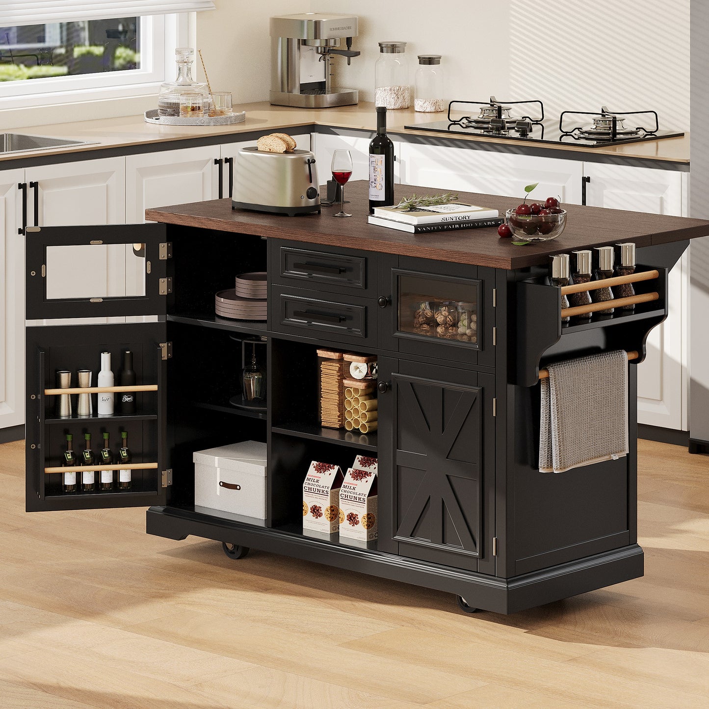 K&K 54.9  Kitchen Island With Drop Leaf, Power Outlet, Kitchen Storage Cart With 4 Door Shelves, Cross Barn Doors & Visual Glass Door, Rolling Kitchen Island On 4 Wheels For Kitchen, Dining Room,Black