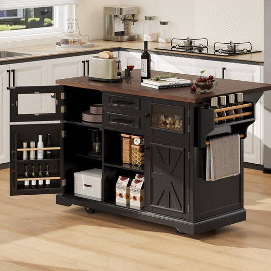 K&K 54.9  Kitchen Island With Drop Leaf, Power Outlet, Kitchen Storage Cart With 4 Door Shelves, Cross Barn Doors & Visual Glass Door, Rolling Kitchen Island On 4 Wheels For Kitchen, Dining Room,Black