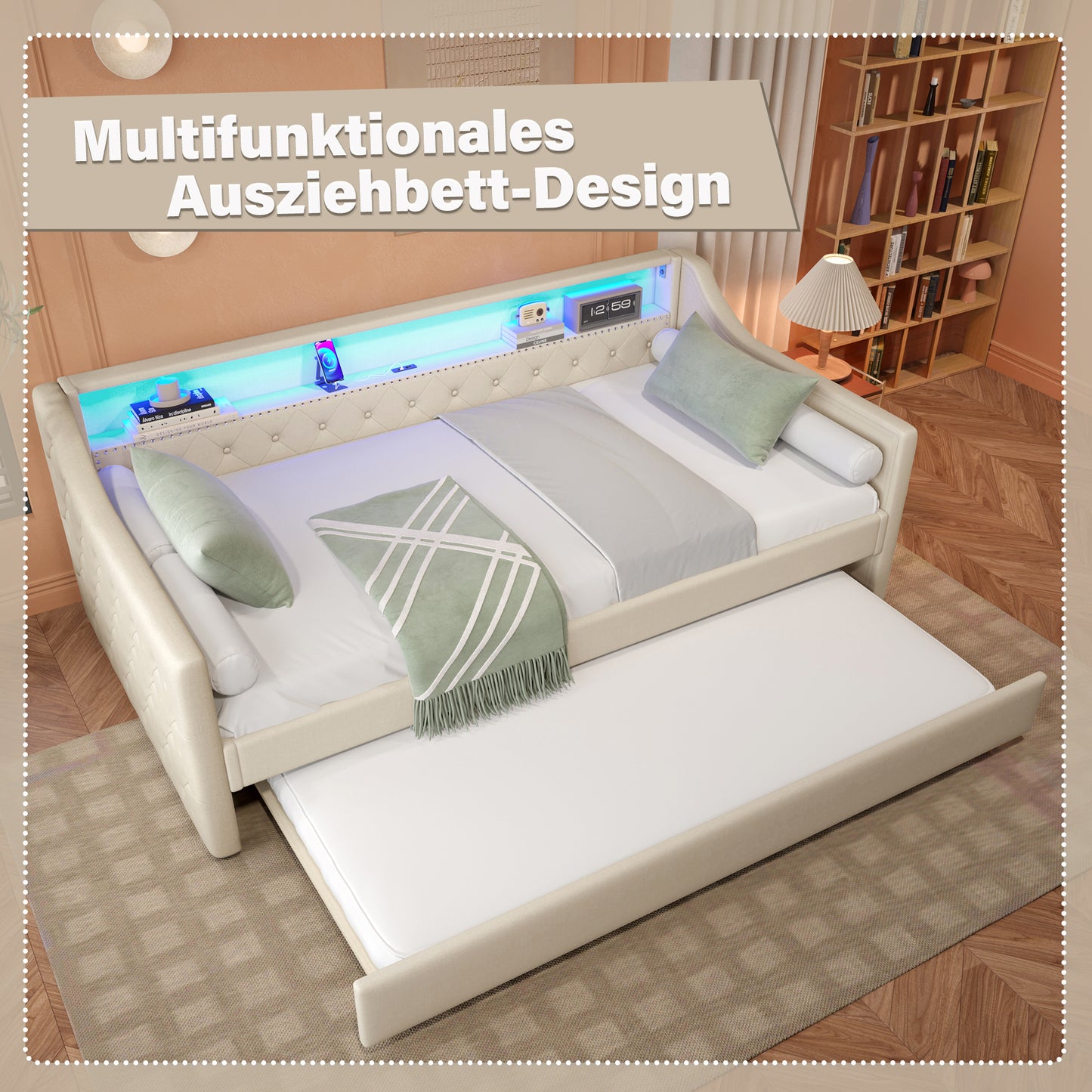 Daybed, 90 X 200cm, Sofa Bed, Daybed With Slatted Base  Without Mattress , With LED Lights, Bed With Pull-out Bed, USB Charging Socket, Linen, Beige