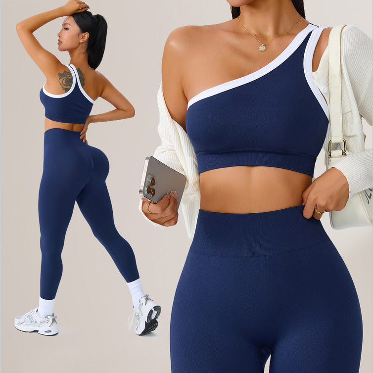 Sports One-Shoulder Beautiful-Back Bra Fitness Outdoor Tight-Fitting Set