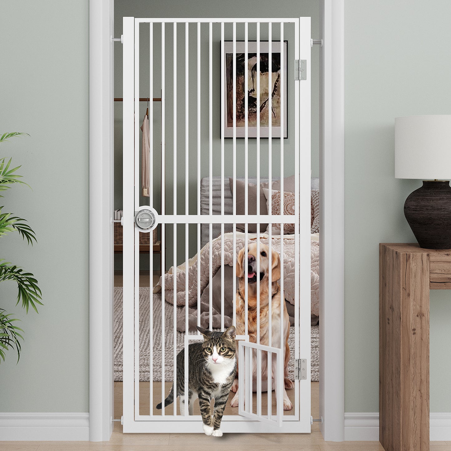 61  Extra Tall Cat Gate For Doorway, Adjustable Wide 30.2 -32.6  Dog Door With Cat Door, Suitable For Doorways Or Kitchen, No Drilling Pressure Mount Kit, White