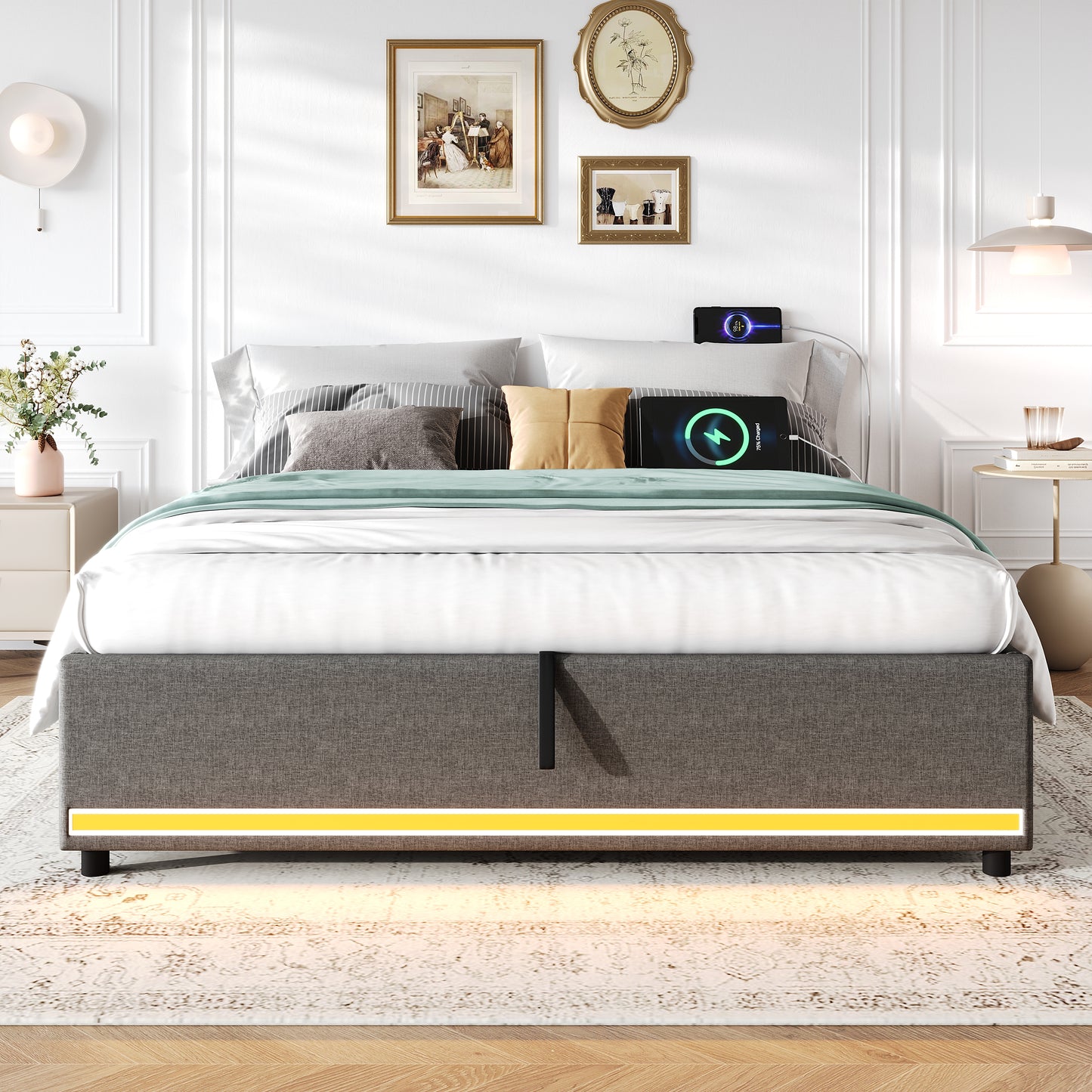 5ft King Hydraulic Storage Bed, No Headboard Linen Bed Frame With APP Control LED Lights, Side Charging Station, Side Pockets, Grey No Mattress