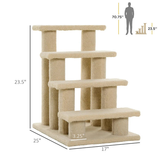 4-Step Multi-Level Carpeted Cat Scratching Post Pet Stairs, Cream White