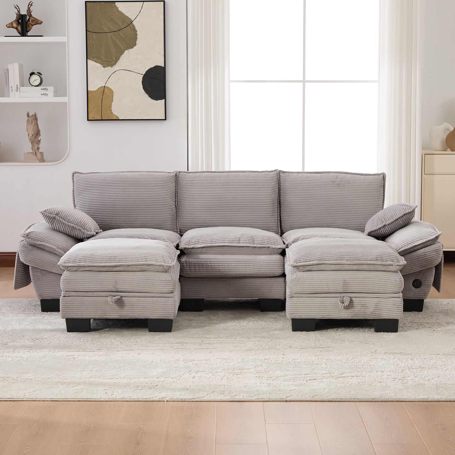 Modular 3-seater Corduroy Sofa  With 2 Stools Wide Seat, Ergonomic Design, High-density Foam Padding, USB-C Port And Side Pockets.Ideal For Living Room, Office Or Lounge.Light Grey
