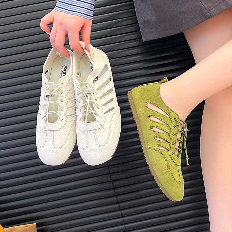 2026 New Women's French Hollow Breathable Hidden Platform Mary Janes, Round Toe Lace-Up Soft Flat Shallow Mouth Flats