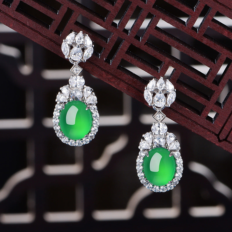 S925 Sterling Silver Dangle Earrings 10x8mm Oval Green Chrysoprase, Platinum Plated Elegant Drop Earrings For Women With Fashion Gift Box