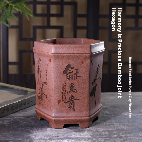 Harmony-Valued Bamboo-Section Hexagonal Purple Clay Flower Pot For The Desk